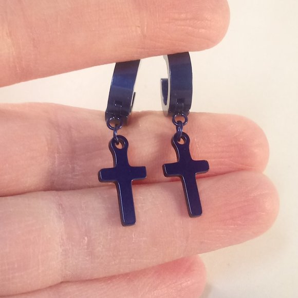 Mens Blue Stainless Steel Cross Hoop Huggie Dangle Earrings 14mm Party Gift - Picture 1 of 4